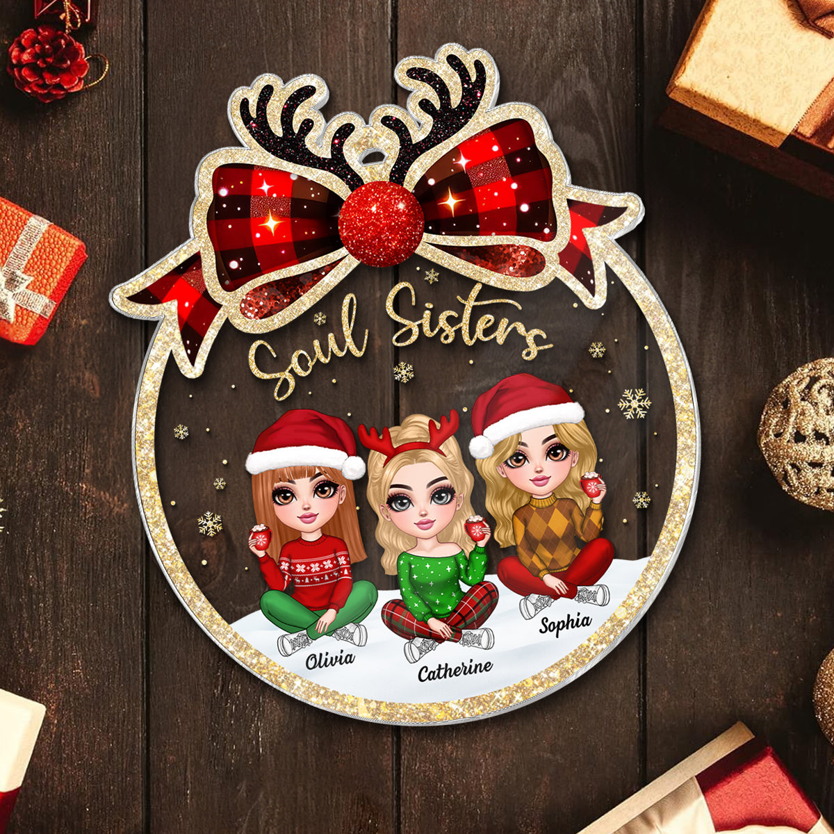 Lovely Besties Christmas Bow Personalized Acrylic Ornament, Christmas Gift For Best Friends