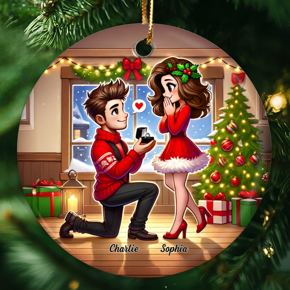 Cartoon Couple Marriage Proposal Personalized Christmas Ceramic Ornament, Custom Just Engaged Gifts for Couples