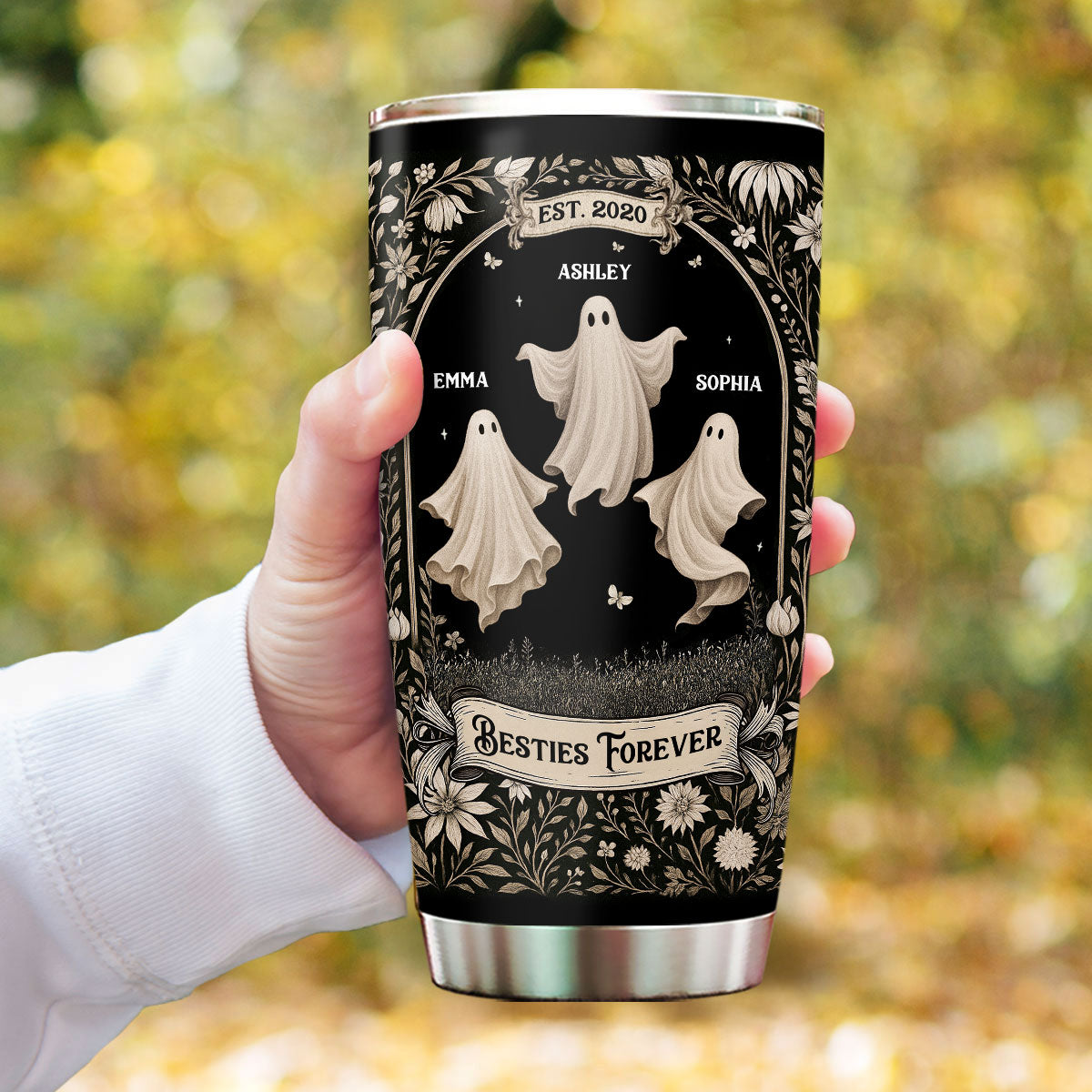 Ghost Friends Vintage Gothic Background Personalized Tumbler, Halloween gift for Besties, Sisters