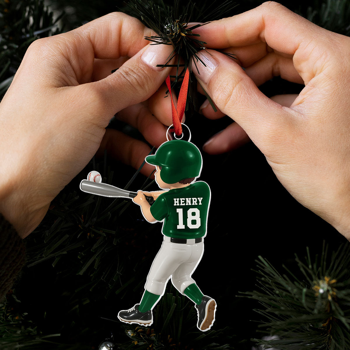 Personalized Baseball Player Ornament – Kid Hitting Ball, 3D Effect Acrylic Flat Ornament