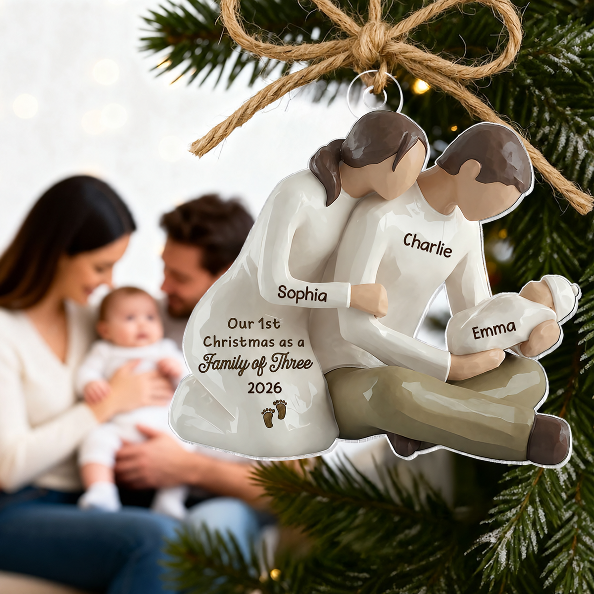 3D Effect First Christmas As Family Of Three Mom Dad Holding Baby - Personalized Acrylic Car Hanger