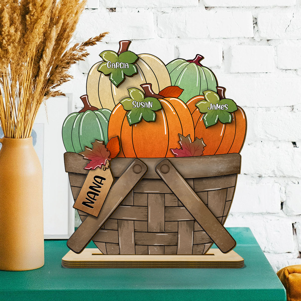 Pumpkin Fall Season For The Flower Basket Family Grandma Personalized 2-Layer Standing Wooden Plaque
