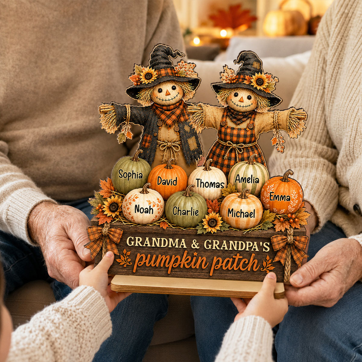 Grandma Grandpa Pumpkin Patch Scarecrow - Personalized 2-Layered Wooden Plaque - Cozy Fall Decor for Grandparents