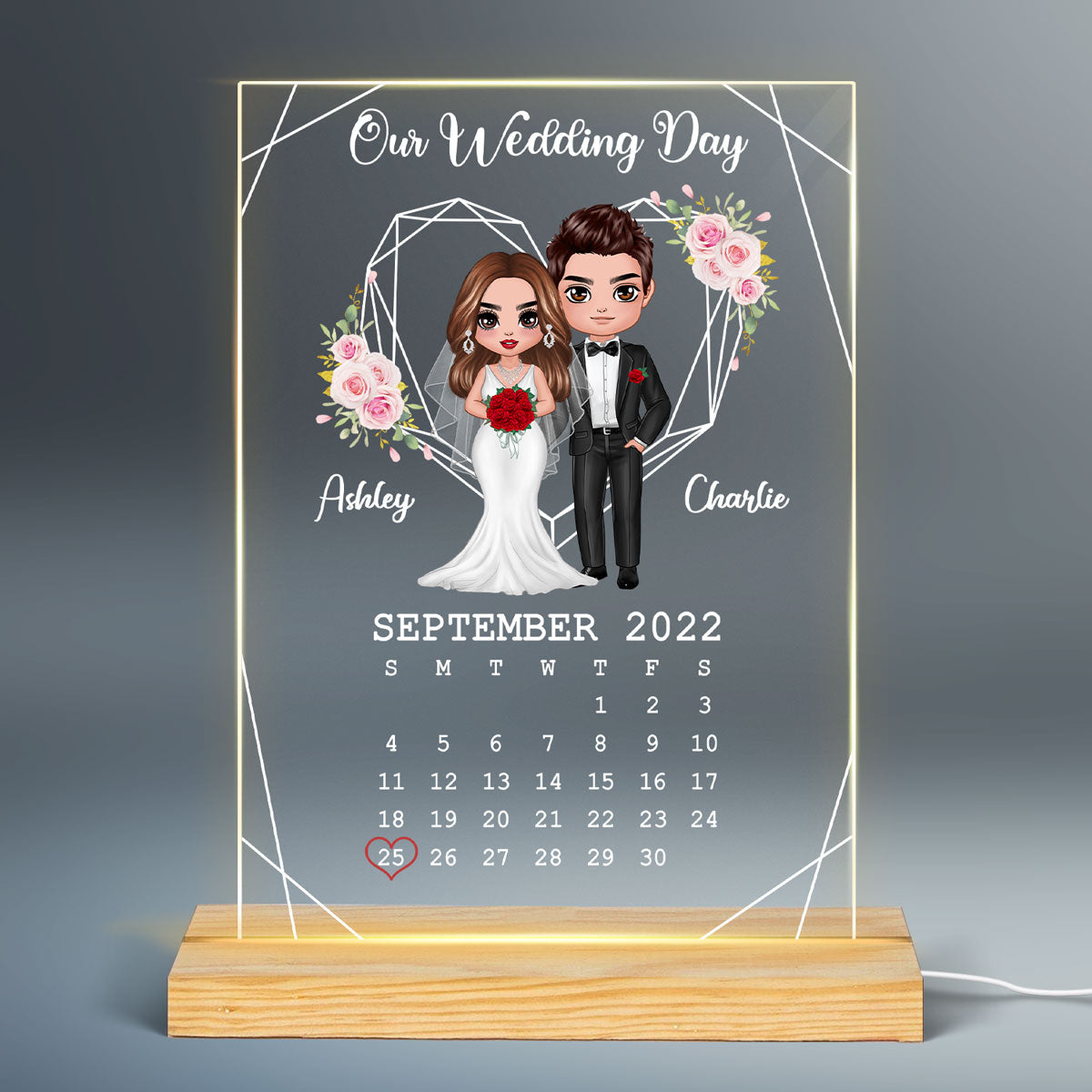 Doll Groom And Bride Personalized Acrylic Plaque LED Night Light - Wedding Anniversary Gift For Couple - Gift For Him - Gift For Her