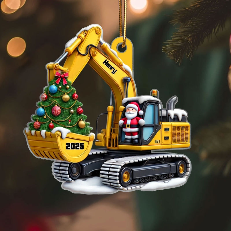 Personalized Xmas Excavator Construction Backhoe 3D Effect Ornament, Xmas Gift For Kids
