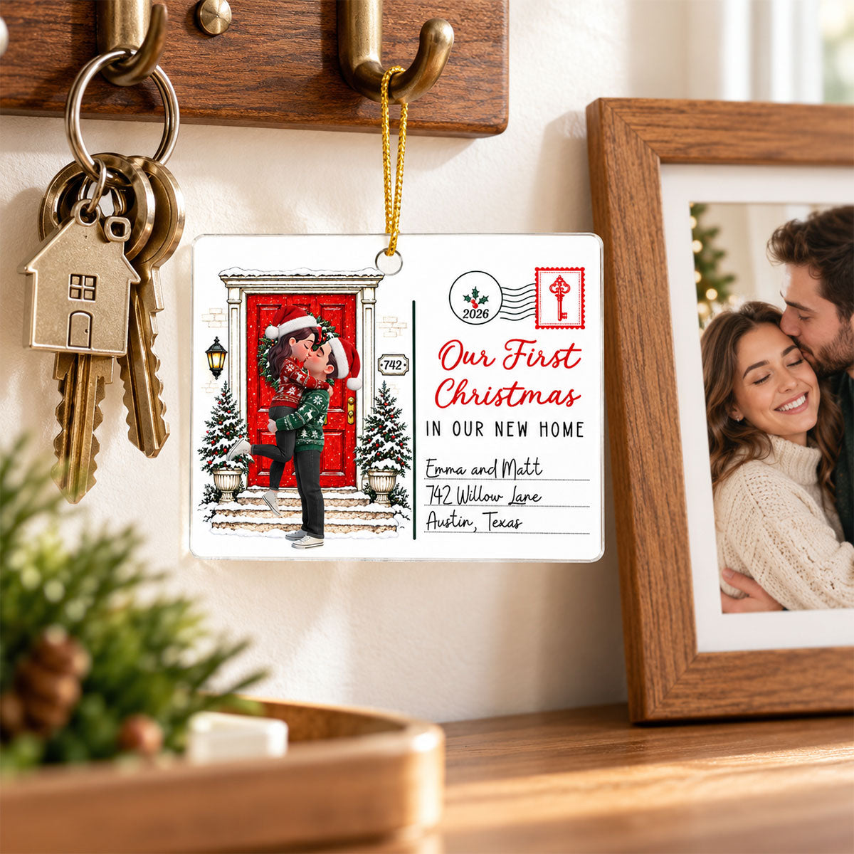 Our First Christmas In Our New Home Custom Couple & Address - Personalized Acrylic Ornament - Christmas Gift For Couples, Husband, Wife, New Homeowners