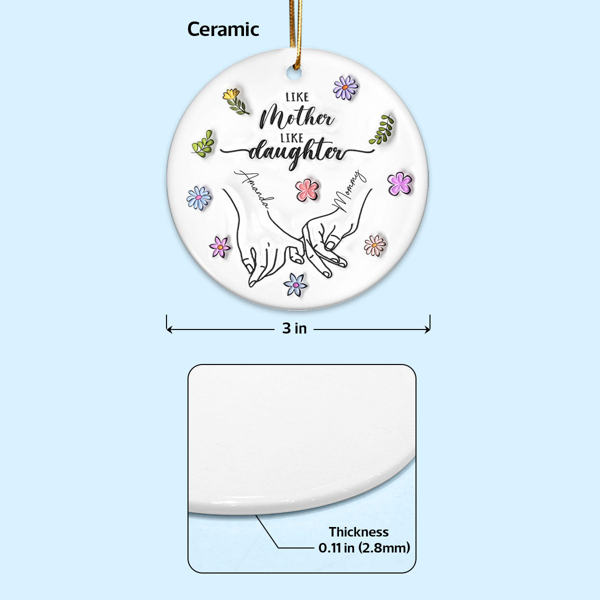 Like Mother Like Daughter Floral 3D Inflated Effect Personalized Ceramic Ornament, Christmas Gift For Mom, Daughter