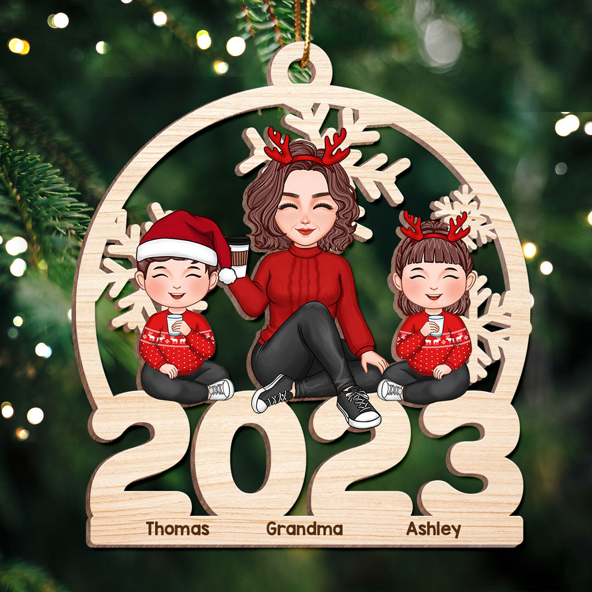 Cute Grandma Grandkids Sitting On 2023 Cut-through Personalized Wooden Ornament