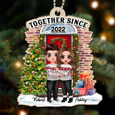Doll Couple Hugging At The Front Porch Christmas Personalized Wooden Ornament