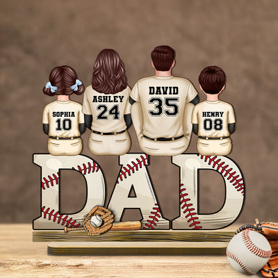 Baseball Dad Family Sitting Back View Personalized Standing Wooden Plaque, Father's Day Gift for Dad, for Grandpa, for Husband
