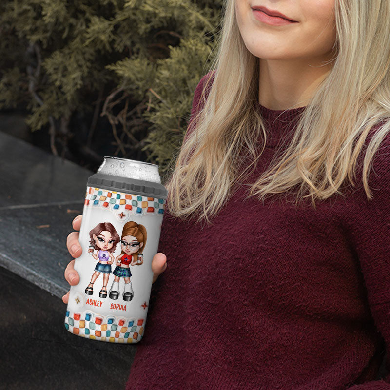 Summer Y2K Besties 3D Inflated Effect Print Personalized 4 In 1 Can Cooler, Gift For Besties
