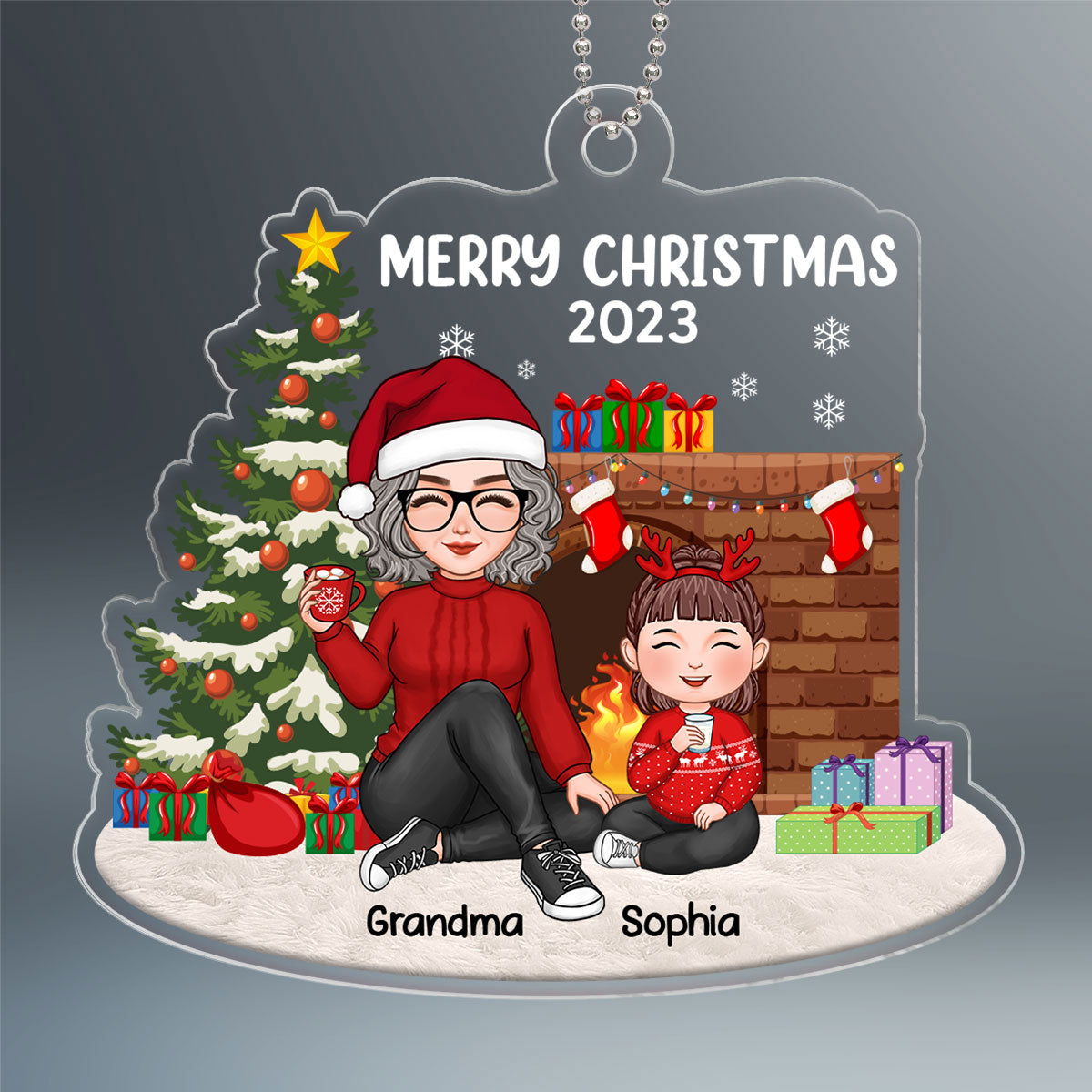 Merry Christmas Cute Grandma & Grandkid Sitting At Fireplace Personalized Acrylic Ornament