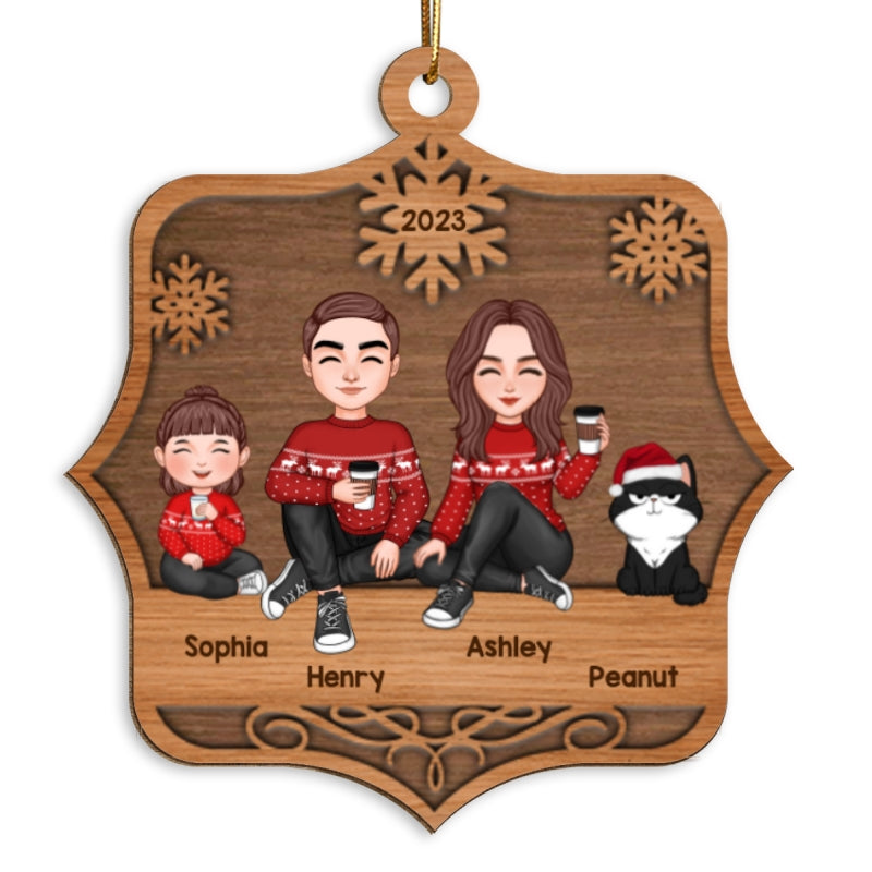 Cute Family Sitting Family Name Personalized Wooden Ornament
