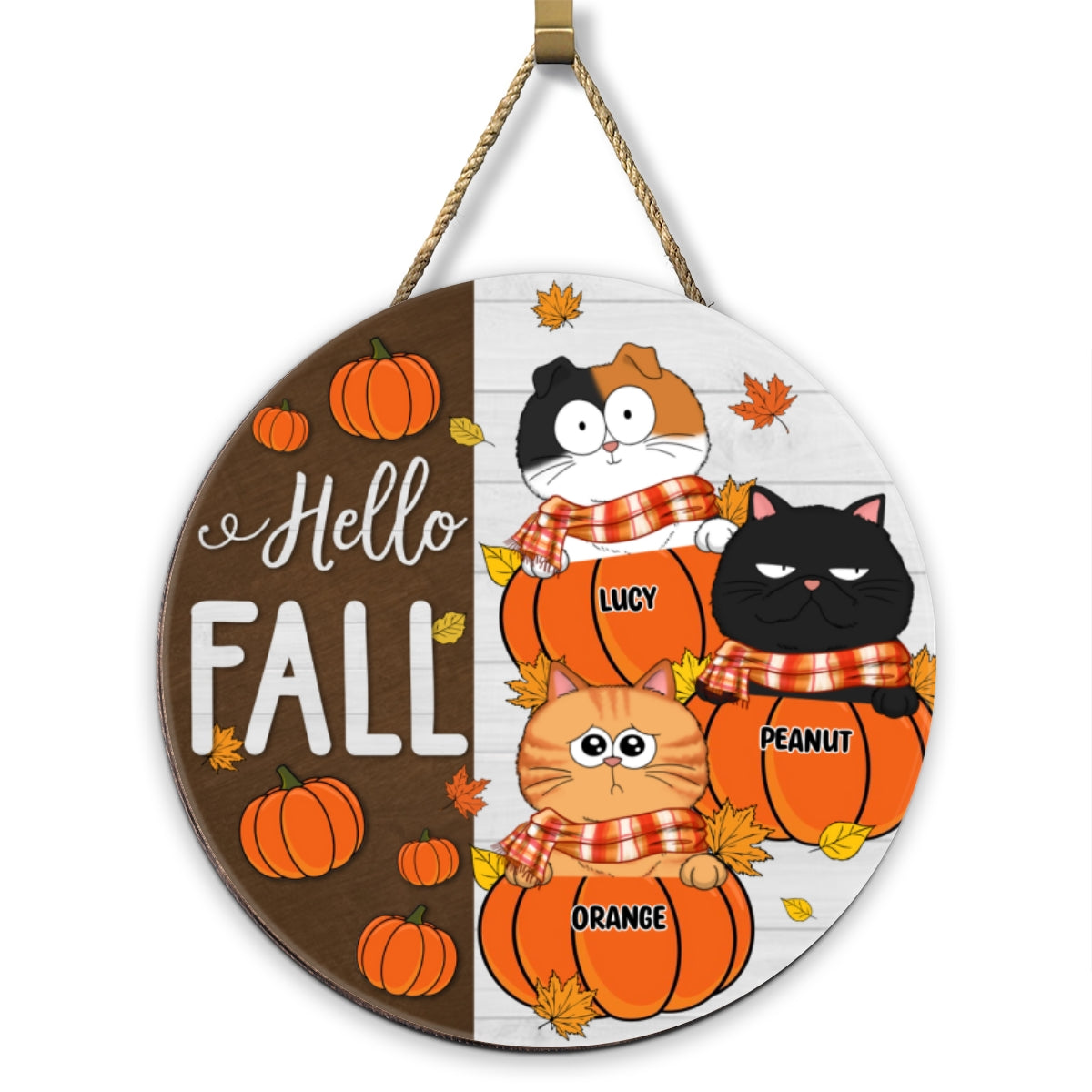 Funny Cats Hello Fall Personalized Wood Sign, Door Hanger, Outside Decor
