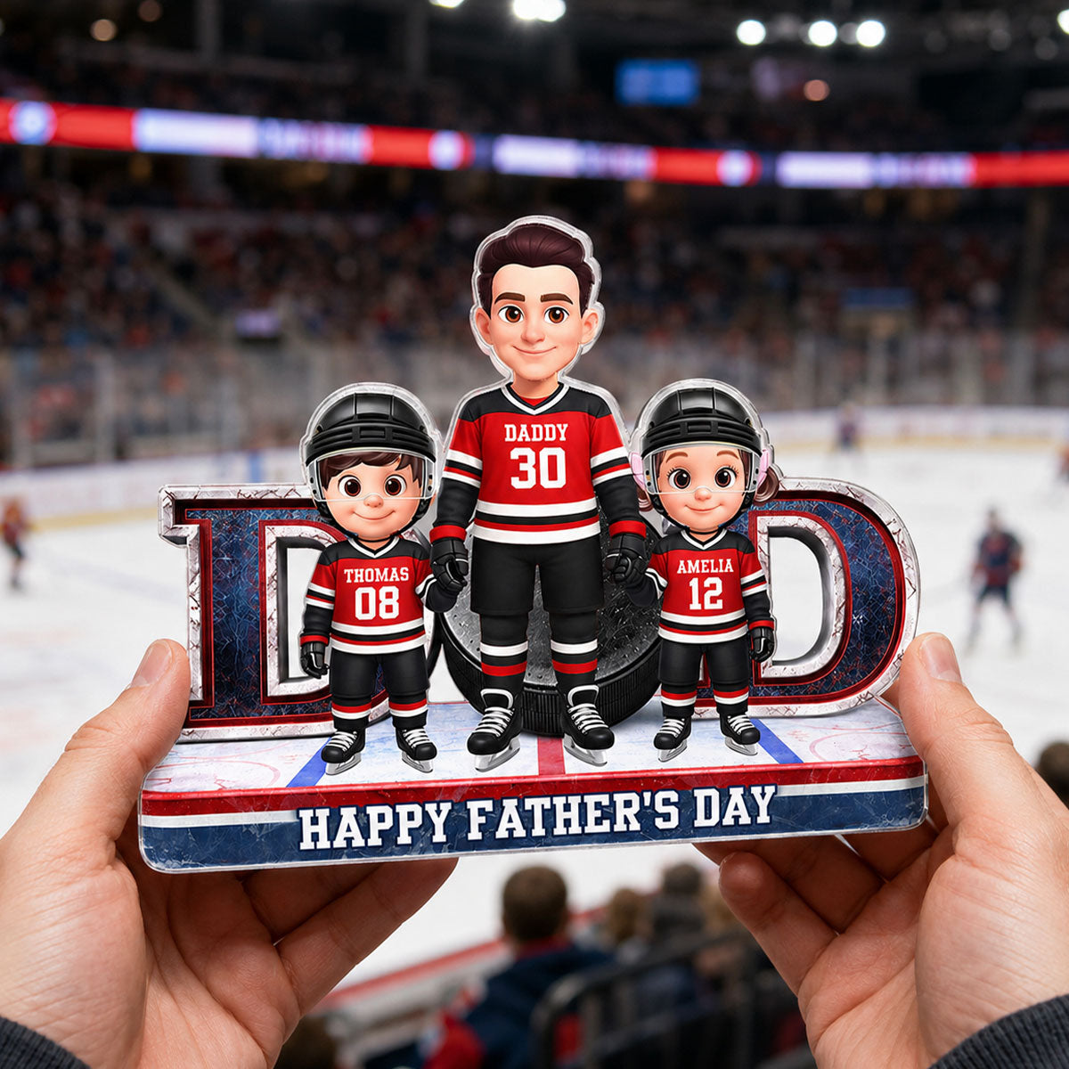 Hockey Dad And Kids Together Front View - Personalized Acrylic Block Plaque - Father's Day Gift For Dad, Husband