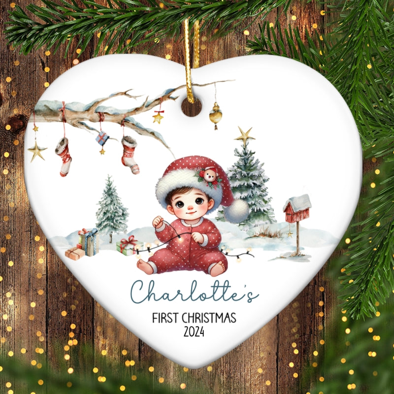 Watercolor Woodland Baby's First Christmas Personalized Heart Shaped Ceramic Ornament, Christmas Gift Keepsake for New Mom New Dad