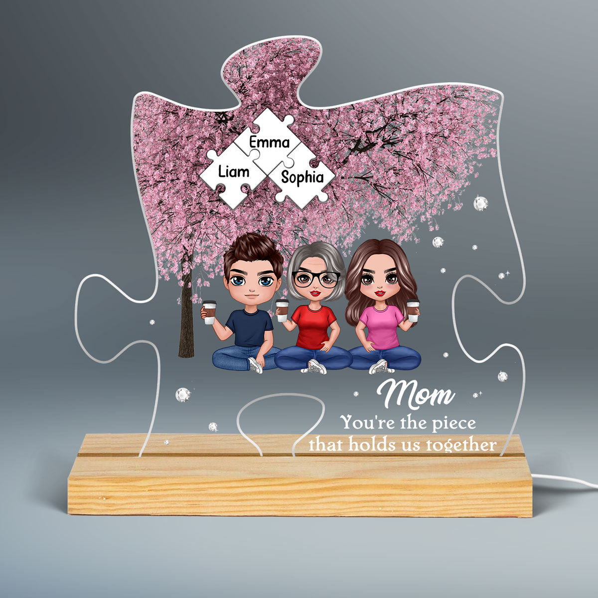 Mom The Piece That Holds Us Together Pink Tree Personalized Acrylic Puzzle LED Night Light
