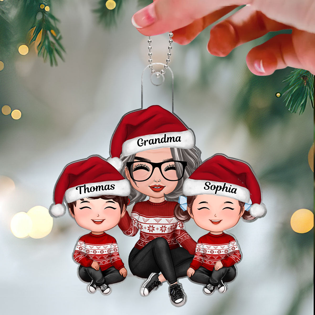 Grandma And Grandkids Sitting Happy Face Personalized Acrylic Ornament, Gift For Granddaughter, Grandson
