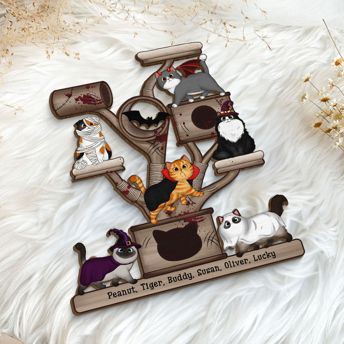 Halloween Cats Tower Personalized Wooden Standing Plaque, Halloween Decor