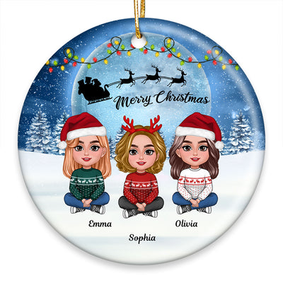 Besties Sisters In Moonlight Snow Christmas Personalized Circle Ornament