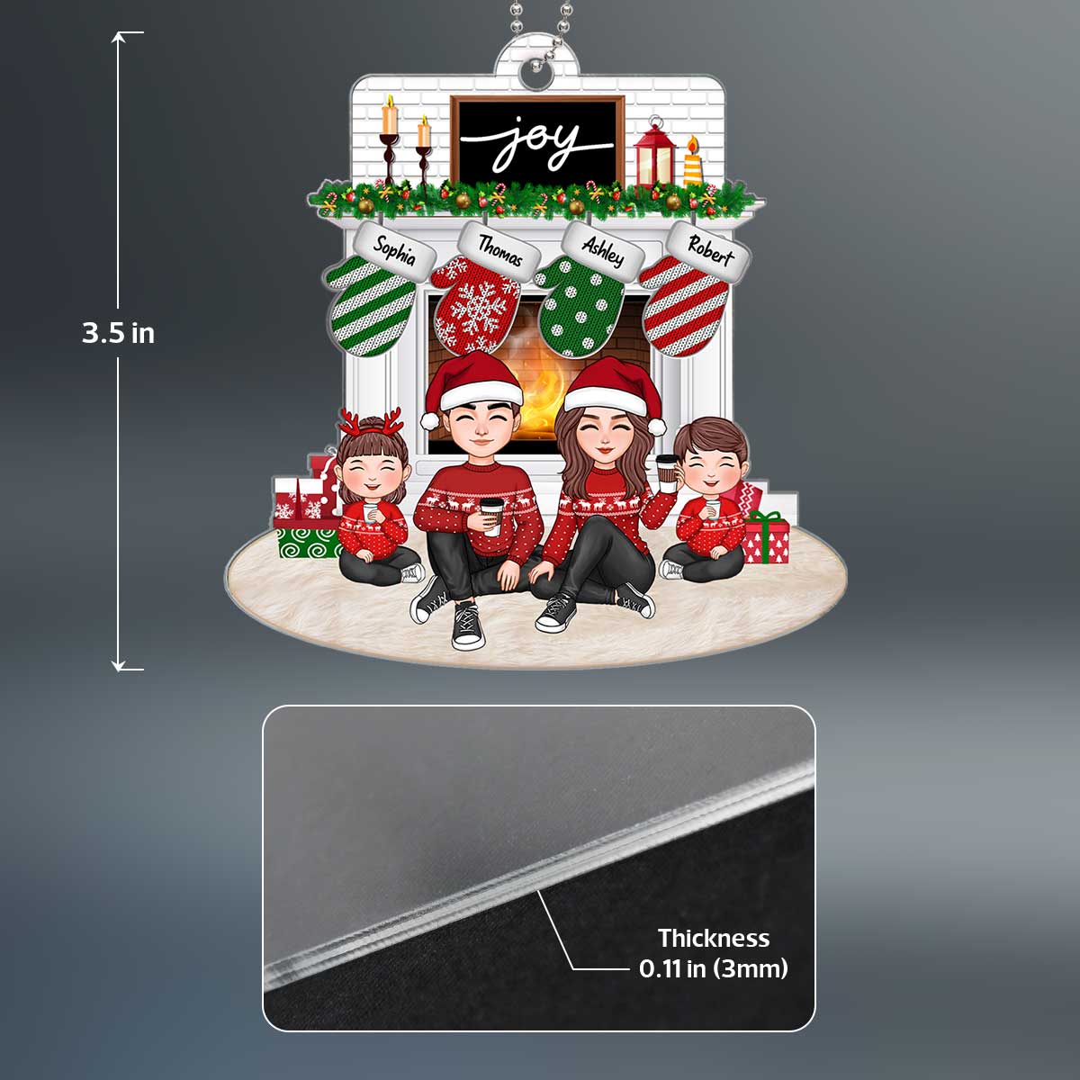 Whole Cute Family Dad Mom Kids Dogs Cats Sitting At Fireplace Christmas Gift Personalized Acrylic Ornament