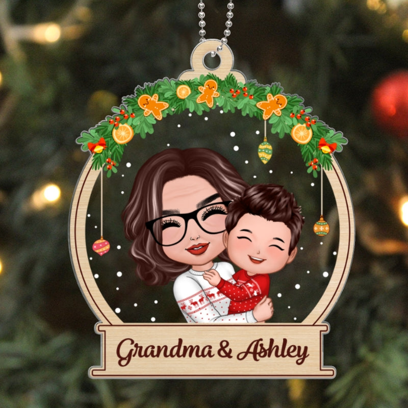 Christmas Doll Grandma Hugging Grandkid In Snow Globe Gift For Granddaughter Grandson Personalized Acrylic Ornament