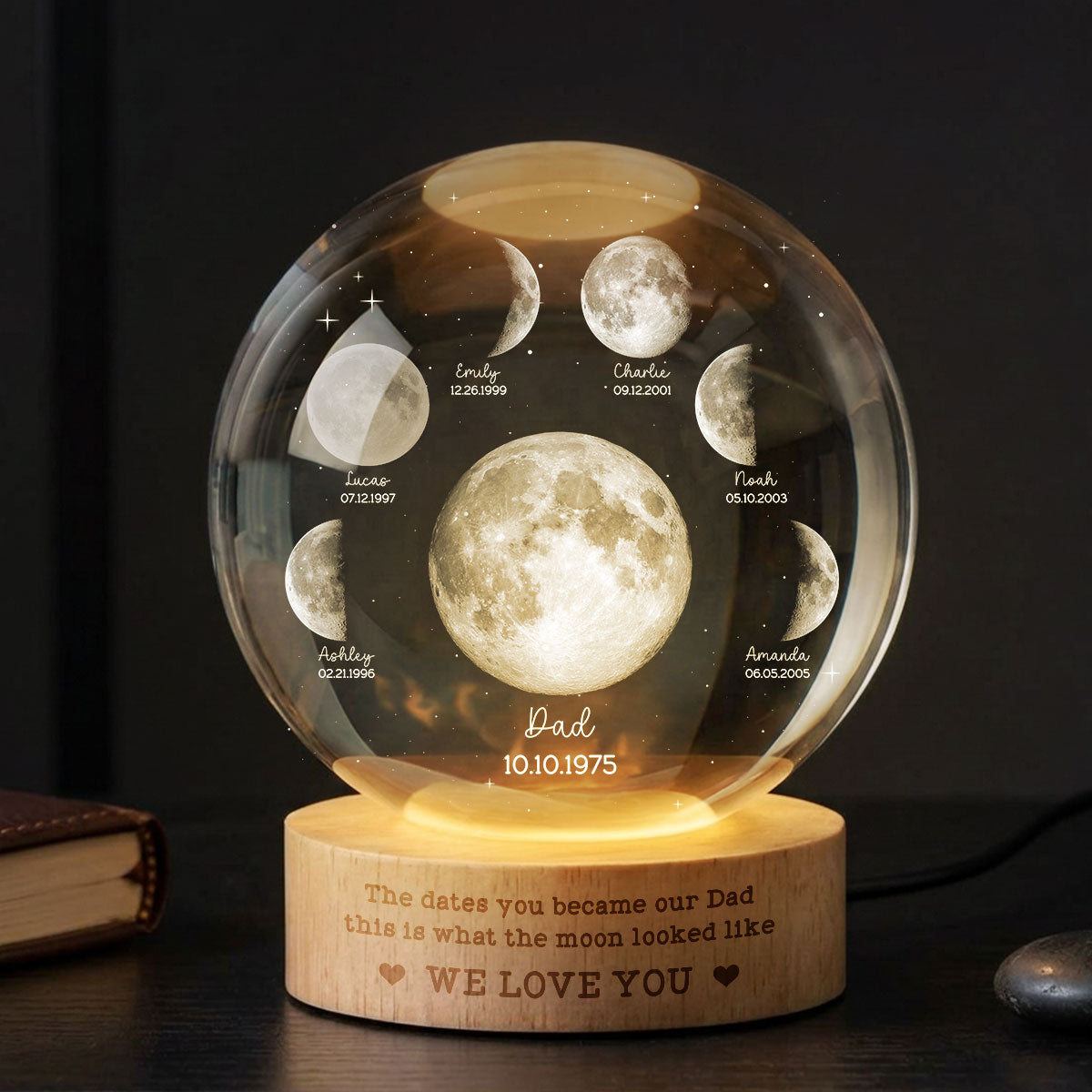 The Date You Became Our Dad - Personalized Crystal Ball LED Night Light - Custom Moon Phase by Date, Father's Day Gift for Dad, Husband