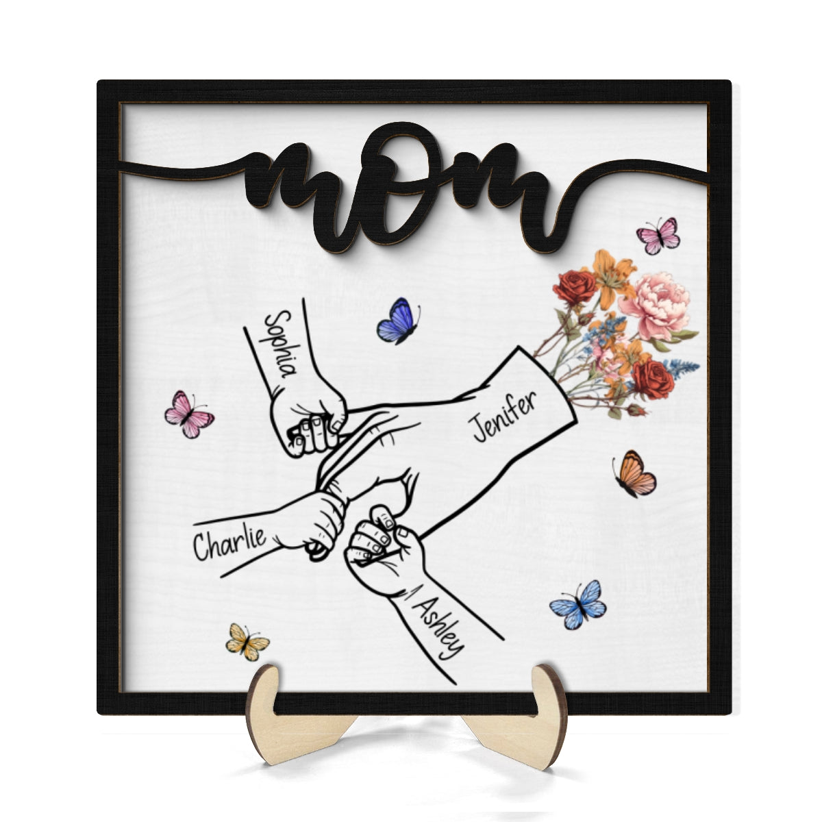 Kids Holding Mom‘s Hand Vintage Birth Month Flowers Personalized 2-Layer Wooden Plaque