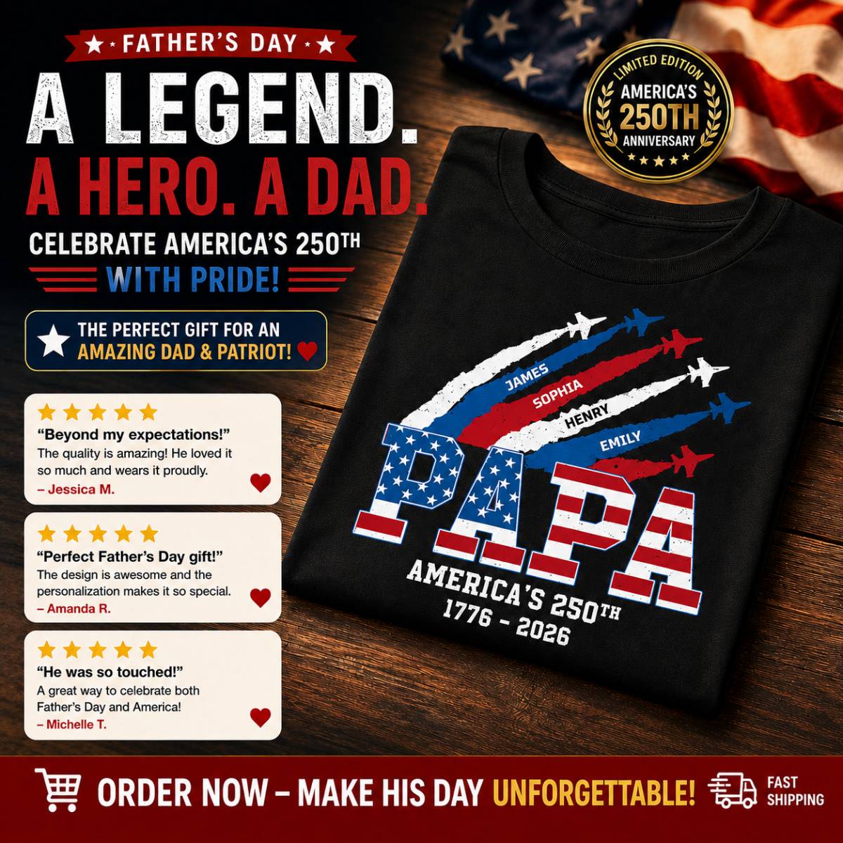 Proud Dad Grandpa Nation Flag American 250th Anniversary - Personalized Shirt - Cool Father's Day Gift For Dad, Grandpa