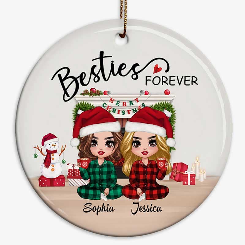 Christmas Doll Besties Sisters Sitting At Fireplace Personalized Circle Ornament