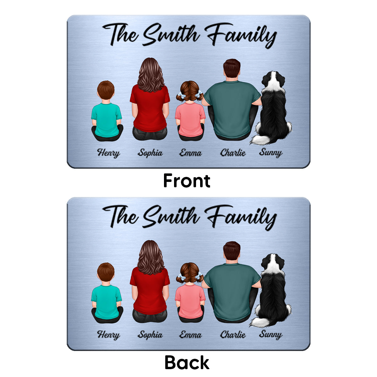 Family Sitting Back View Couple Kid Dog Cat Personalized Wallet Insert Metal Wallet Card