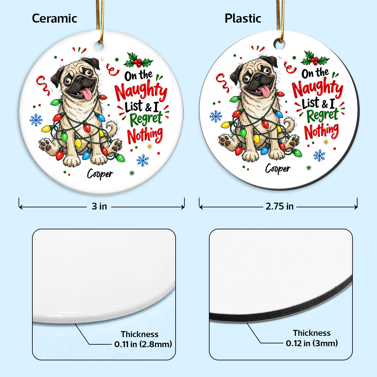 On The Naughty List Regret Nothing Quirky Dog Portrait From Your Custom Pet Photo - Personalized Ceramic Ornament - Funny Christmas Gift For Dog Lover