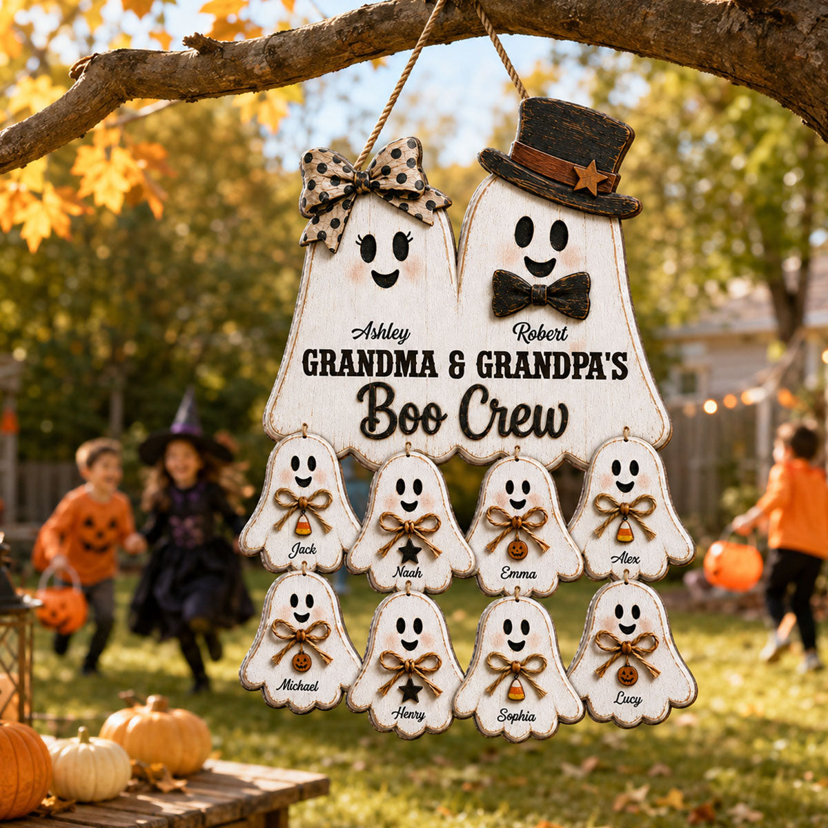 Rustic Halloween Grandpa Grandma's Boo Crew - Personalized Wood Sign - Halloween Decoration For Grandparents