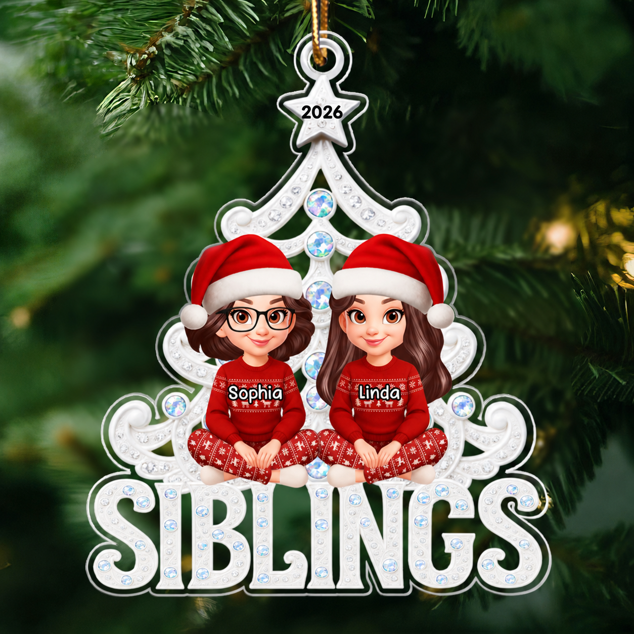 Siblings Forever Metallic Crystal Effect - Personalized Acrylic Ornament - Christmas Gift for Siblings