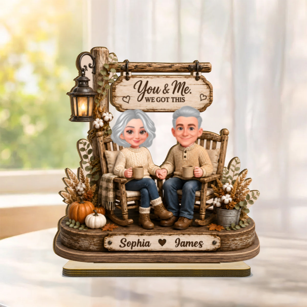Husband Wife Sitting on Rocking Chair - Personalized 2-Layered Wooden Plaque - Anniversary Gift for Her, for Him
