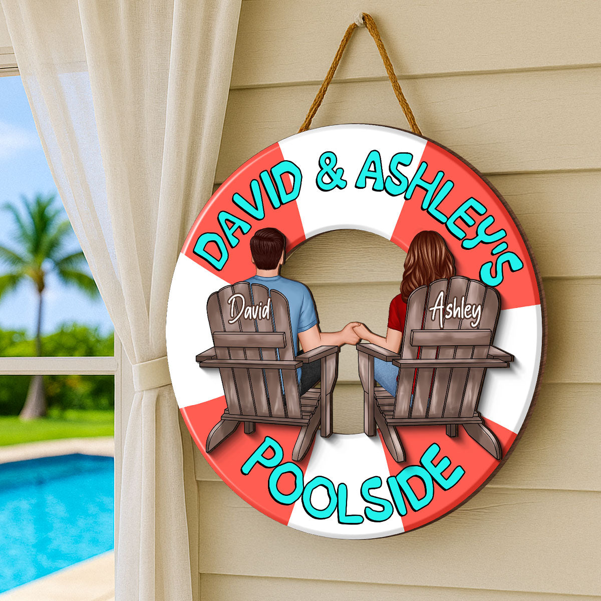 Couple Sitting Back View Poolside Swimming Float Personalized 2-Layer Wood Sign