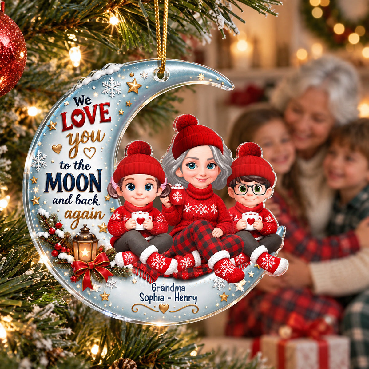 Cute Grandma Grandkids Sitting on Moon - Personalized Acrylic Ornament - Christmas Gift for Grandkids, Grandma