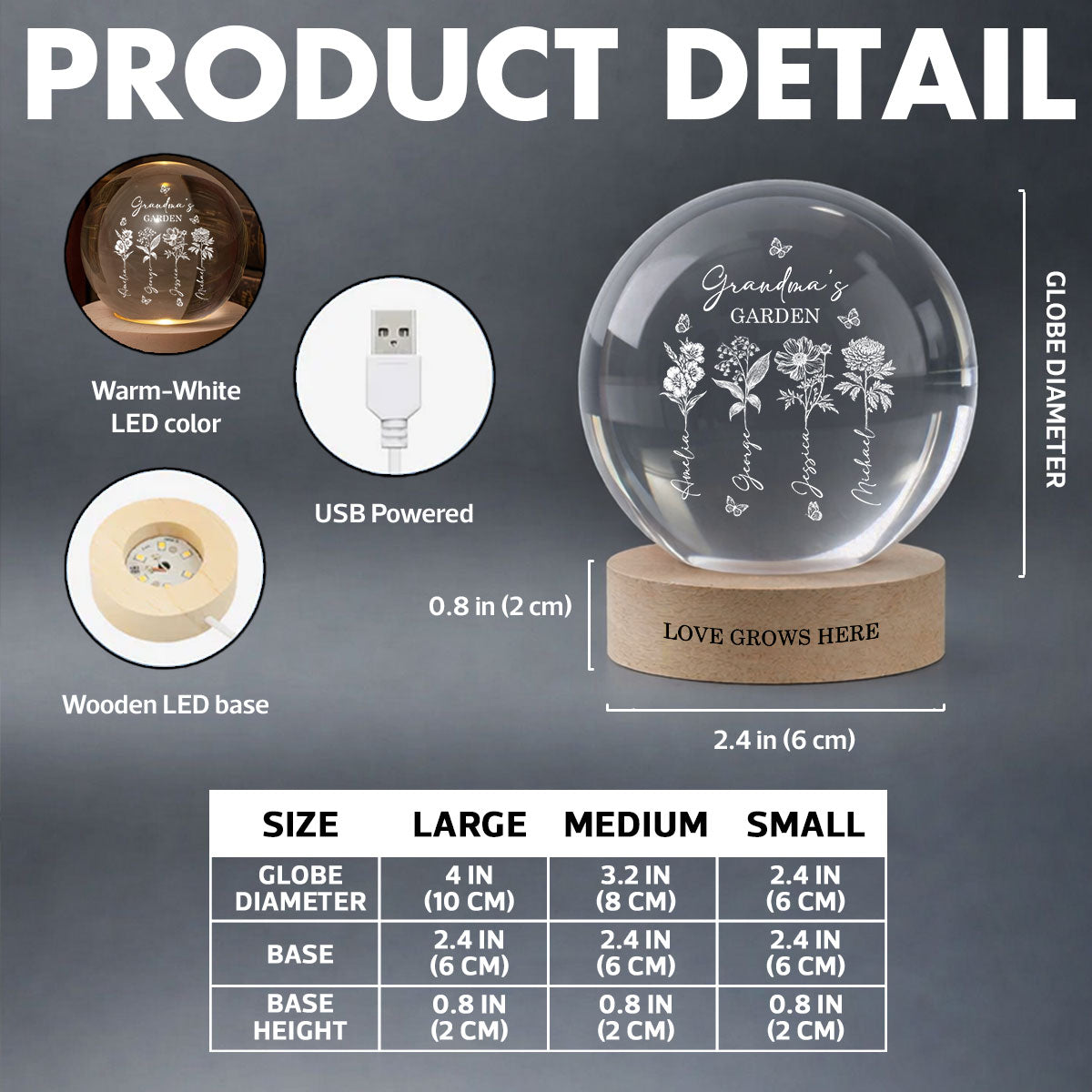 Grandma's Garden - Personalized Crystal Ball LED Night Light - Custom Birth Month Flowers, Heartfelt Gift for Grandma, Mom