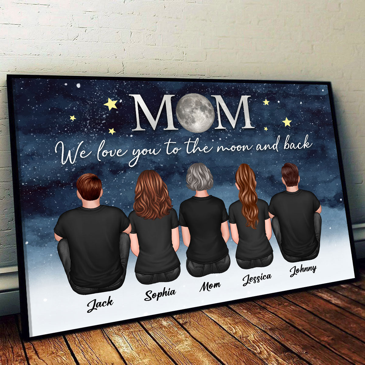 Mom And Kids Sitting Under Starry Night We Love You To The Moon And Back Personalized Poster, Gift For Mom