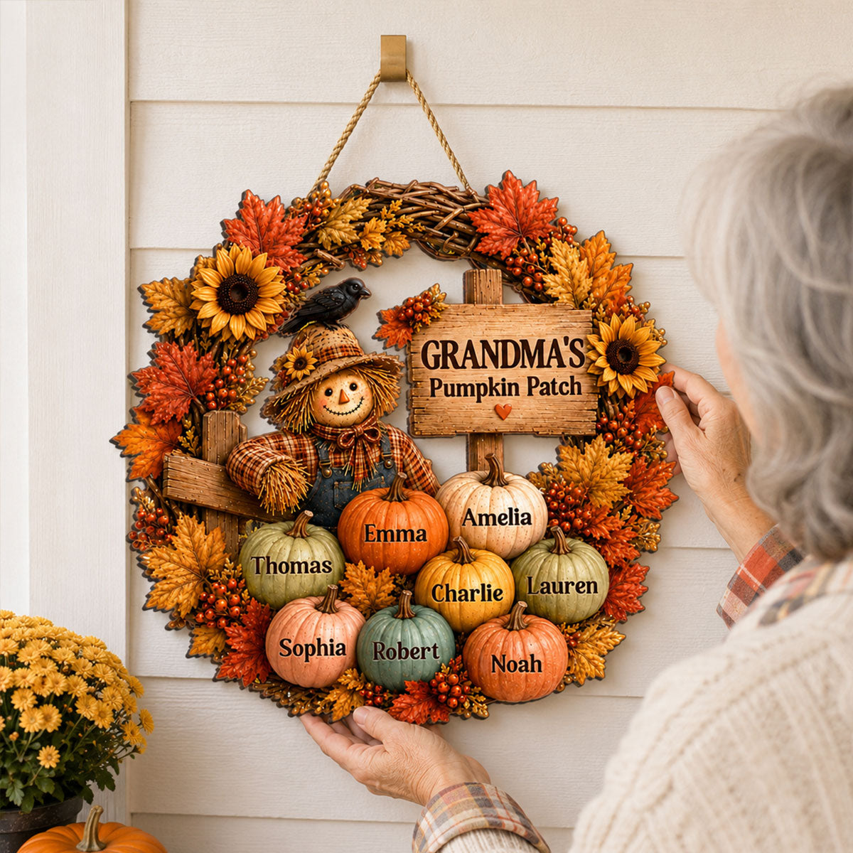 Grandma's Scarecrow Pumpkin Patch - Personalized Wooden Door Sign - Fall Decor for Grandma