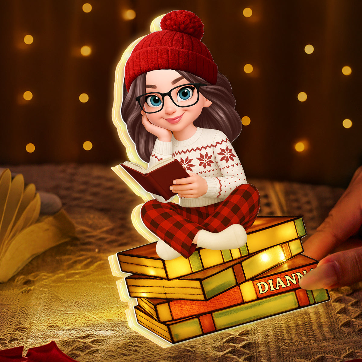 3D Stained Glass Effect Christmas Cozy Vibe Pretty Girl Reading Book - Personalized Light Box