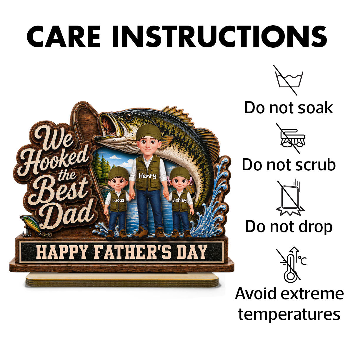 We Hooked The Best Dad Fishing Man & Kids 2D Flat - Personalized 2-Layered Wooden Plaque - Father's Day Gift For Fishing Dad
