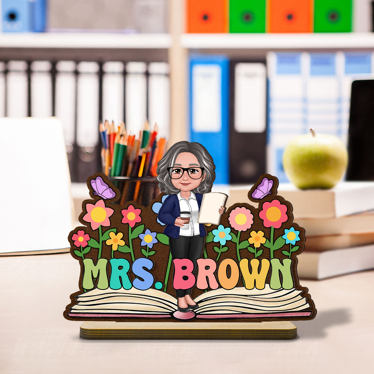 Teacher Flowers Book Personalized Standing Wooden Plaque, Back To School Gift for Teachers