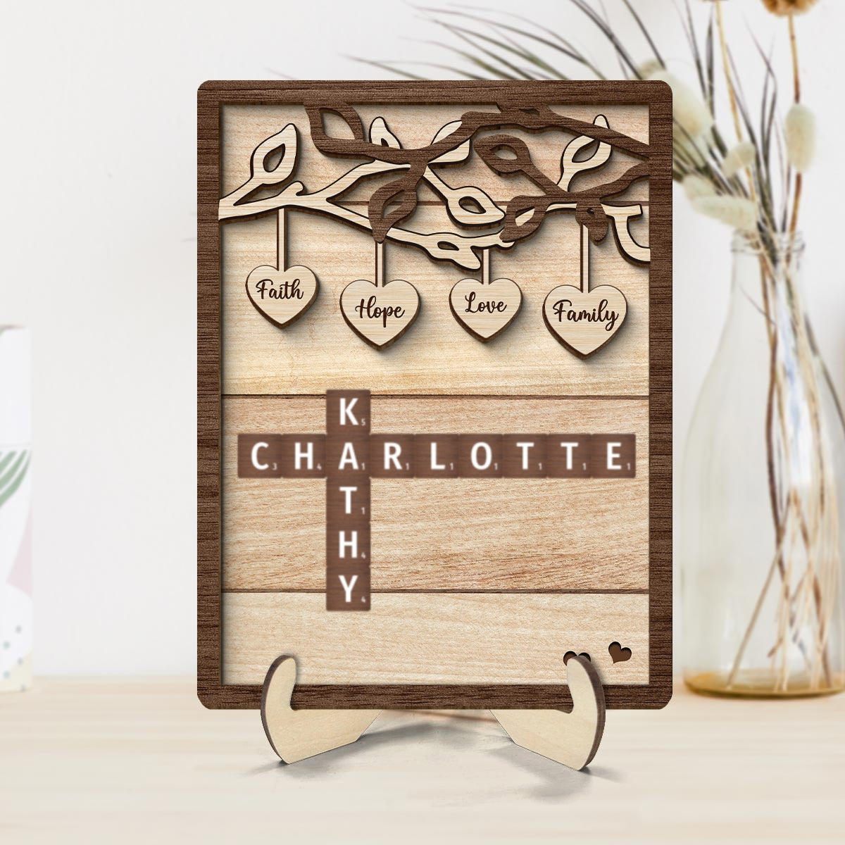 Personalized Wooden Family Tree Sign, Crossword Art Puzzle 2-Layered Wooden Plaque