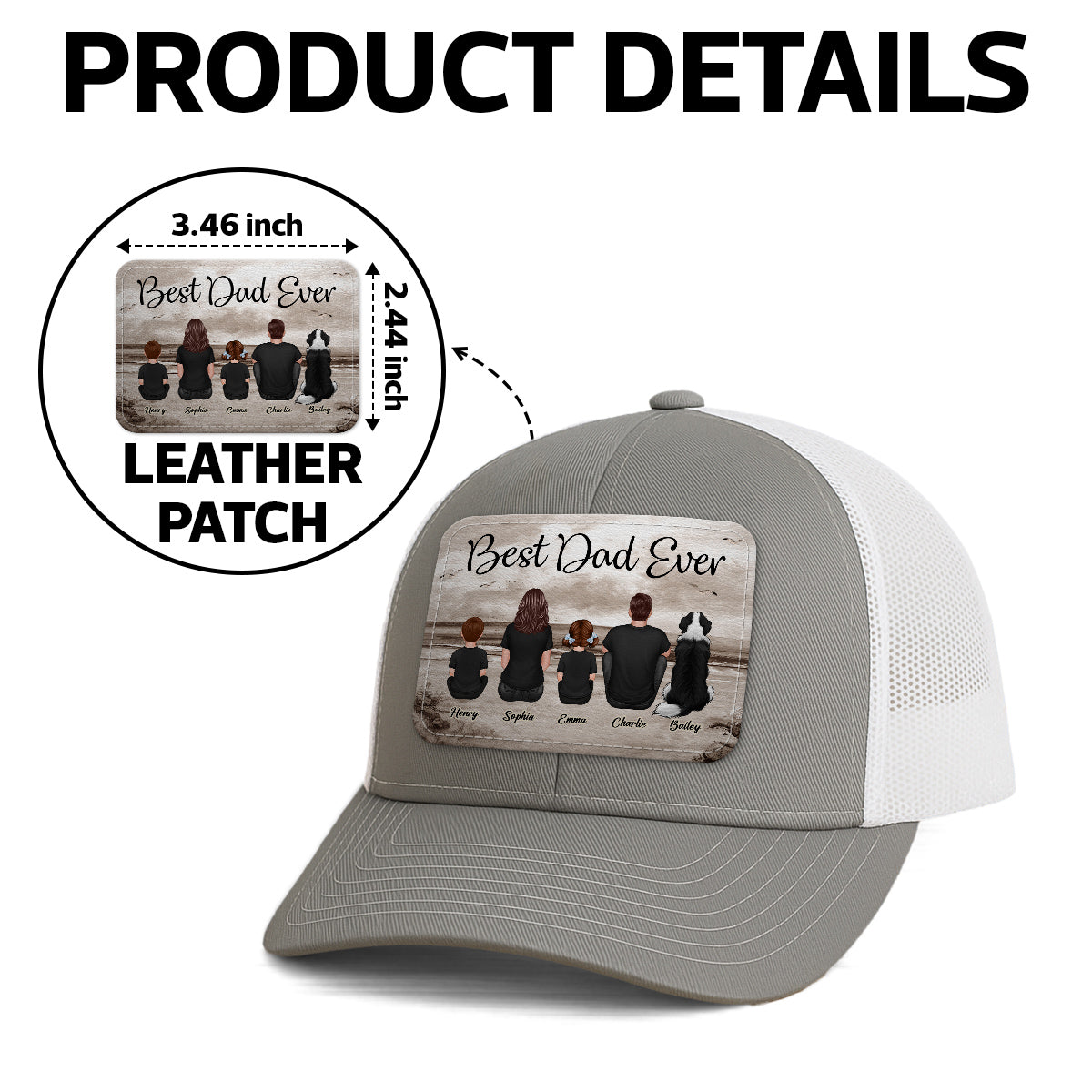 Family Sitting Retro Vintage Beach Landscape Personalized Leather Patch Hat, Gift For Dad