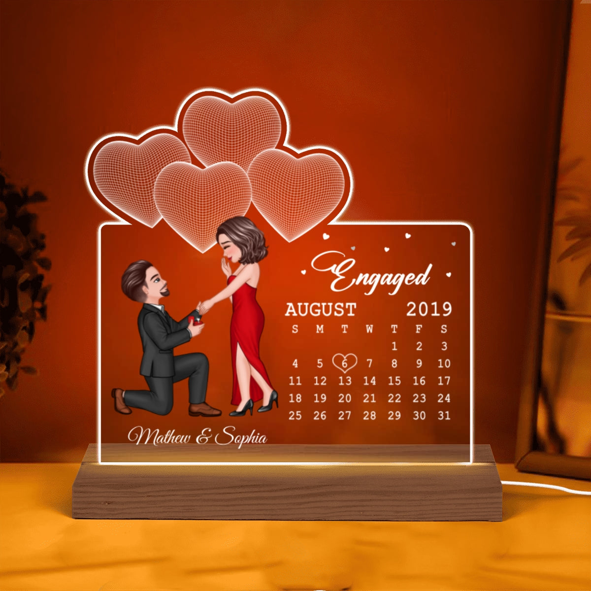 The Best Day Ever Engaged Couple Calendar Date 3D Hearts Personalized Custom Shaped Acrylic Plaque With LED Night Light