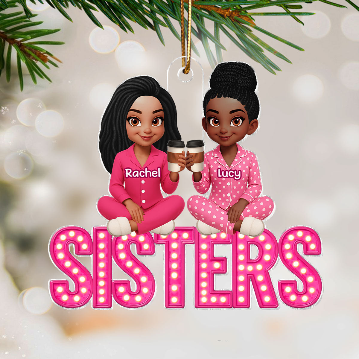 Pink Marquee Besties Sisters Sitting On Text Personalized Acrylic Ornament