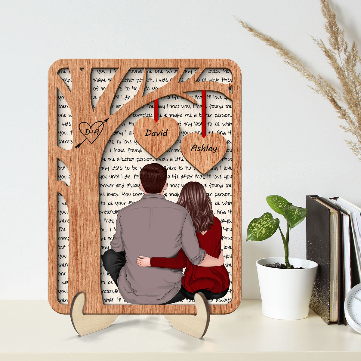 Back View Couple Sitting Under Tree Letters Background Personalized 2-Layer Wooden Plaque