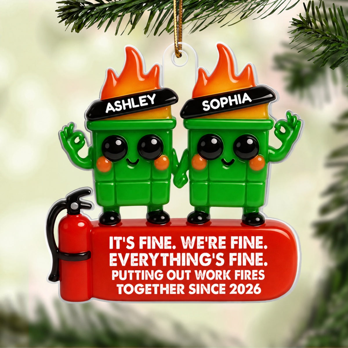 Colleagues Putting Out Work Fire Together 3D Effect - Personalized Acrylic Ornament - Funny Humor Christmas Gift for Coworkers, Colleagues