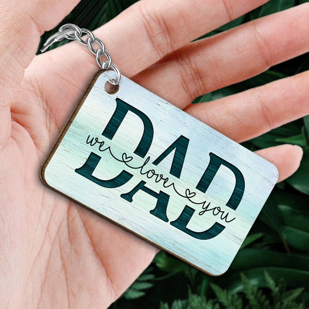 Dad And Kids Back View Sitting Forest Personalized Wooden Keychain